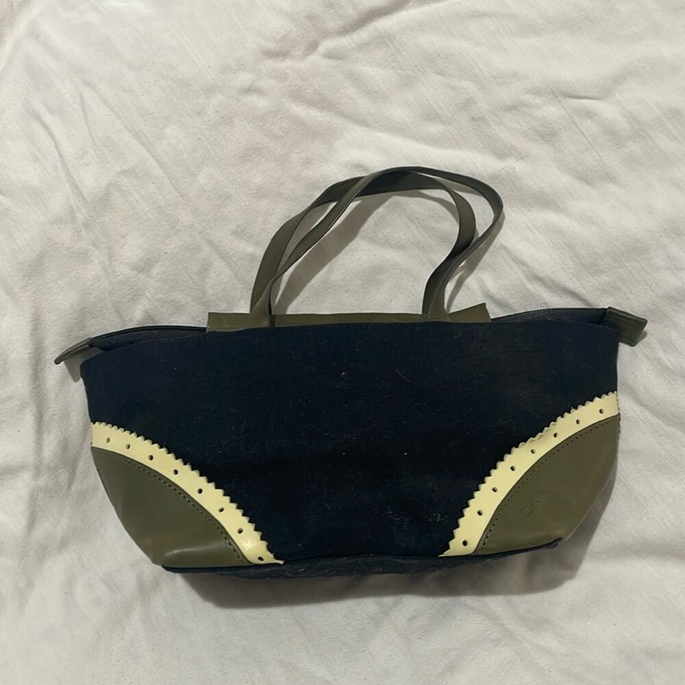 DKNY black linen olive lime leather accents mini vintage bag euc